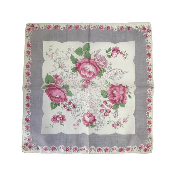 1960s Blooming Pink Roses Floral Design Cotton Lady's Handkerchief - Picture 4 of 7